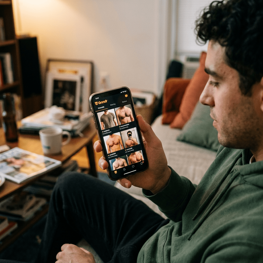 Man holding smartphone displaying male fitness profiles on an app