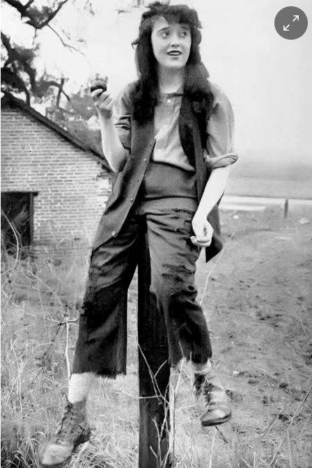 A young woman stands on a fence post, holding a small object in one hand. She wears a casual outfit with a vest and loose trousers, showcasing a vintage style. The background includes a rustic building and open fields.