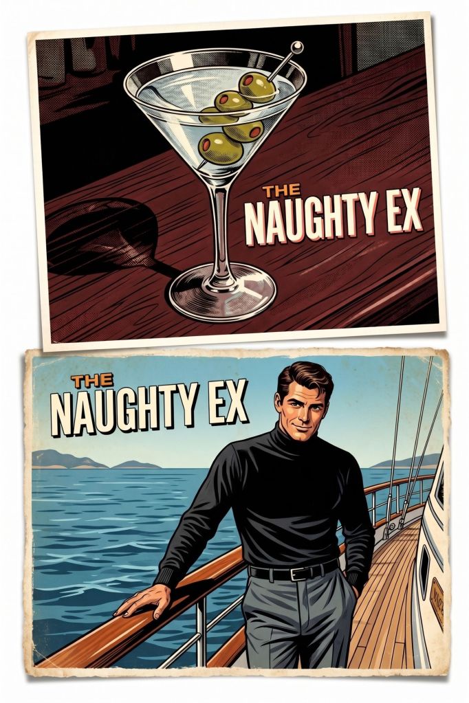 A vintage-style illustration featuring a martini glass with olives on a wooden surface, labeled 'THE NAUGHTY EX'.